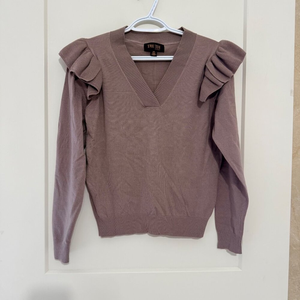 NWOT Truth By Republic V-Neck Sweater Ruffle Shoulder Detail Womens Medium - Picture 2 of 8